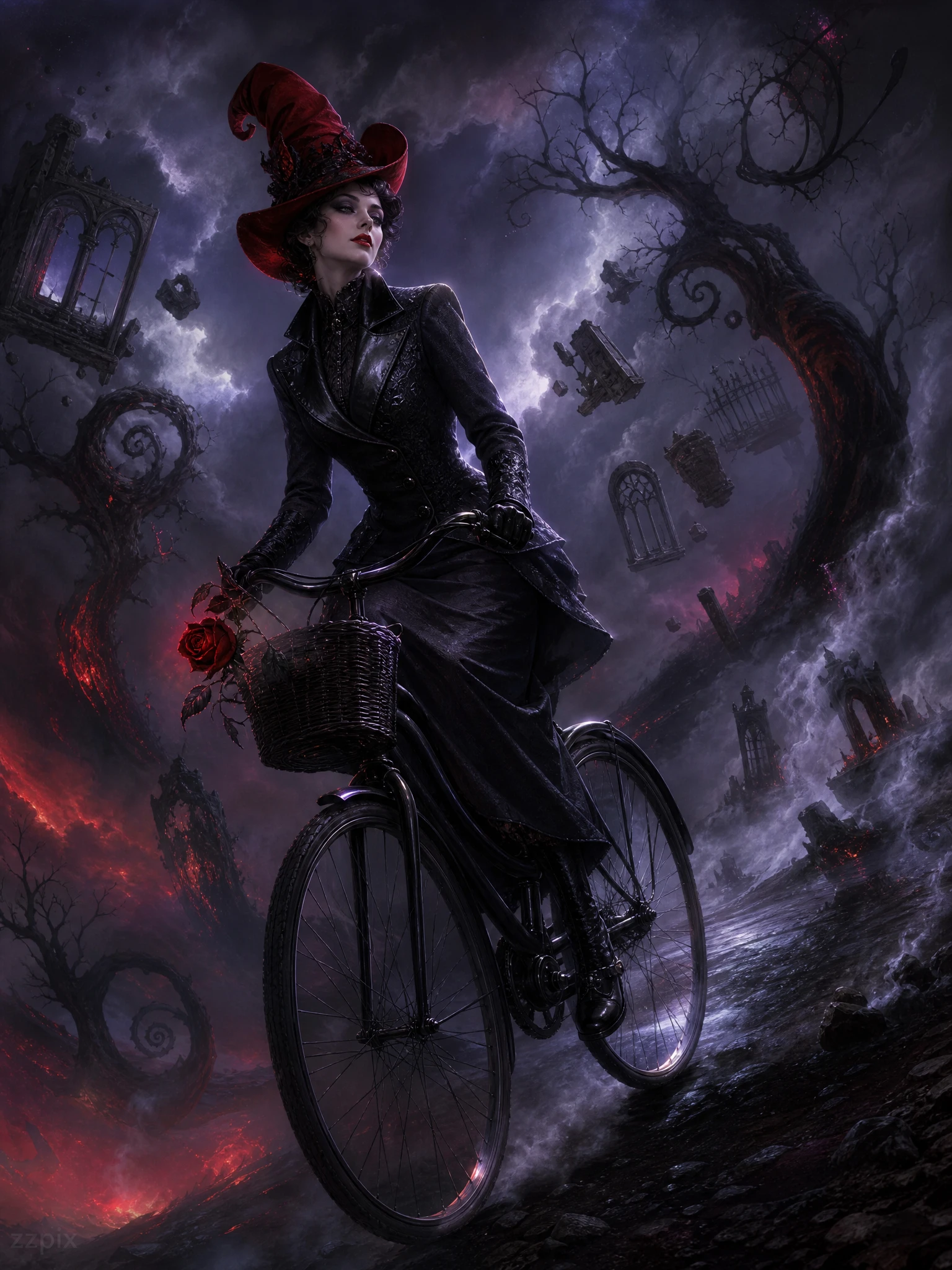 Elegant woman cycling through a surreal dark fantasy landscape