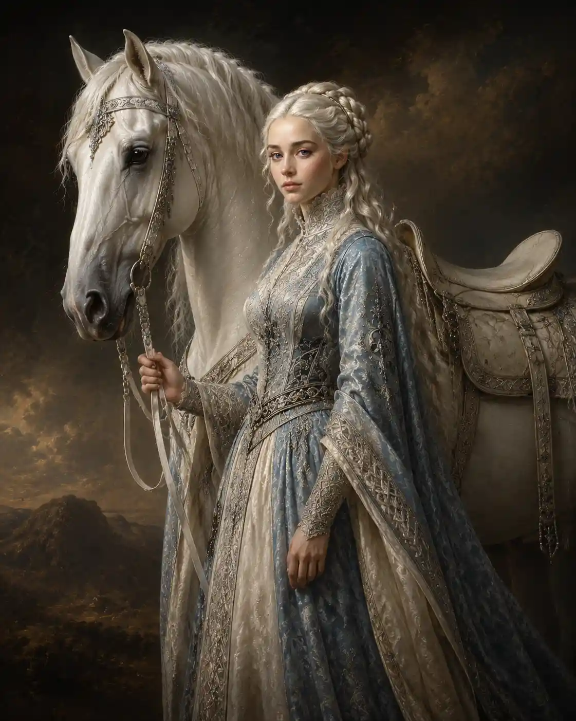 Renaissance style portrait of a woman beside a white horse