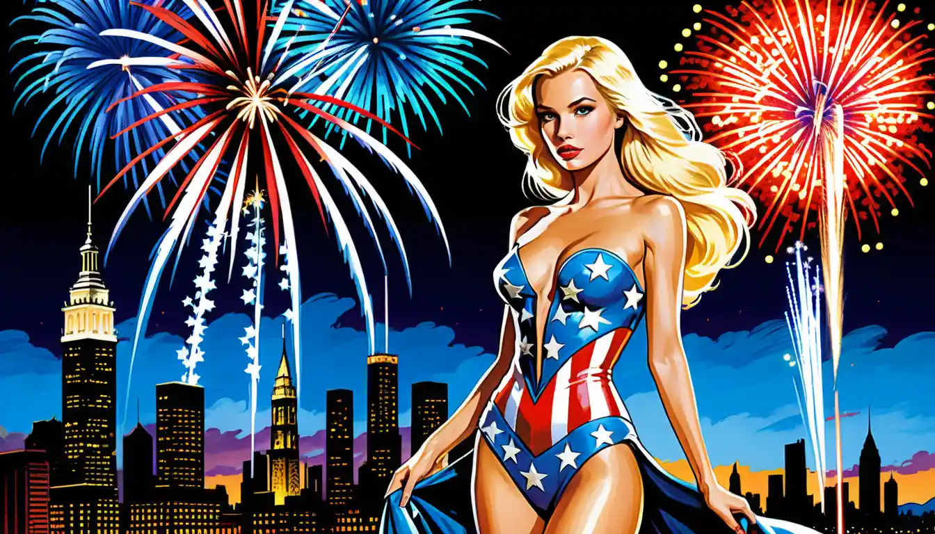 Blonde sorceress standing under fourth of July evening fireworks