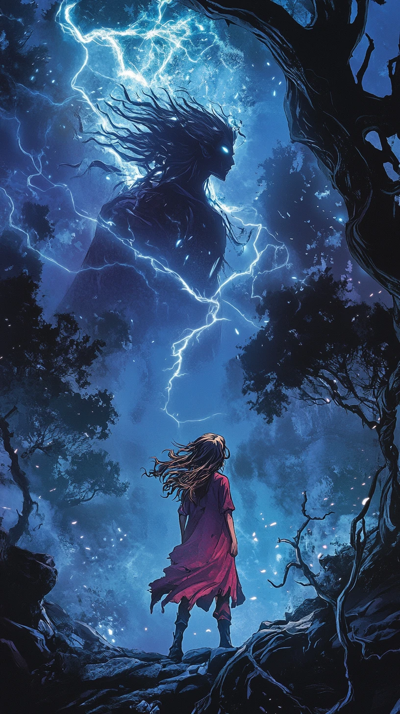 Young sorceress facing a cursed rival in dark forest