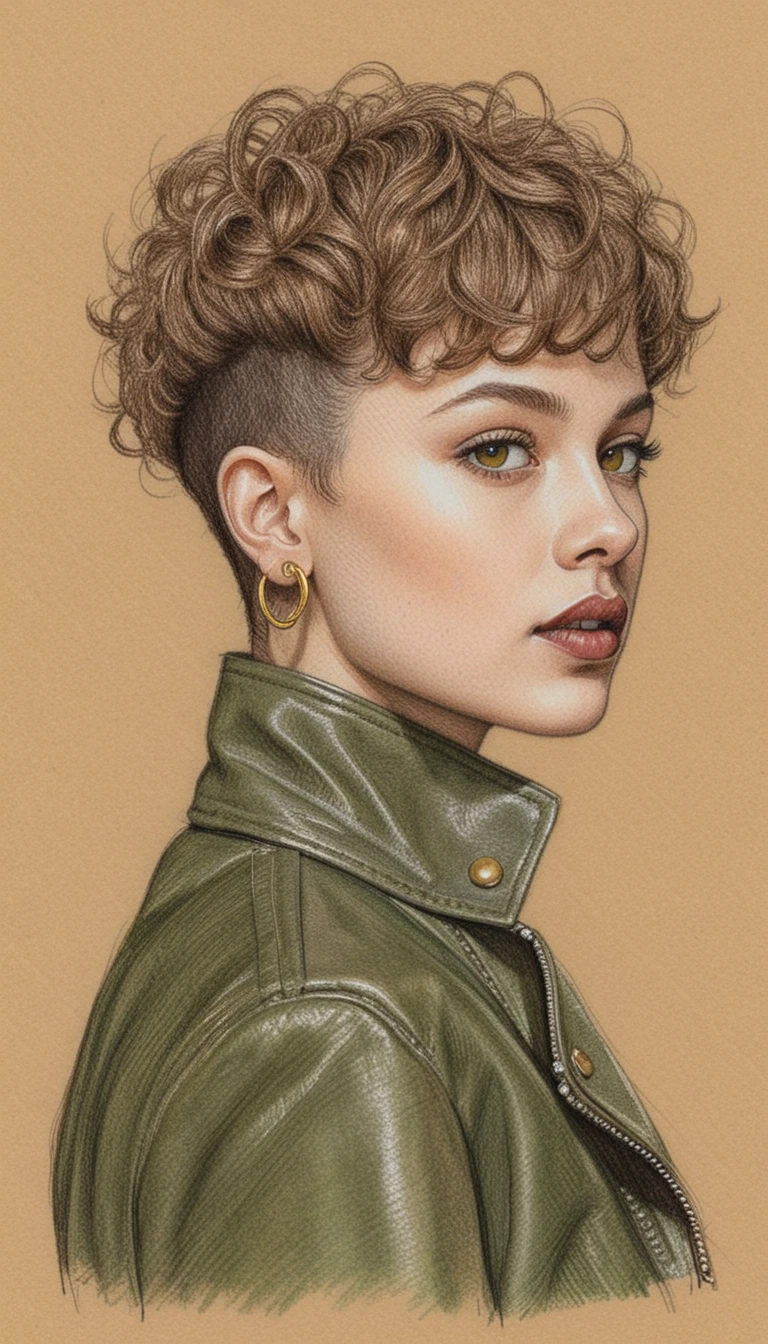 Confident girl portrait in ink and colored pencil profile