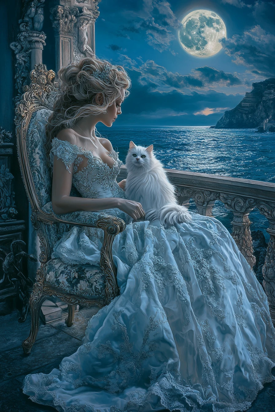 Donna elegante con gatto su un balcone mediterraneo di notte
