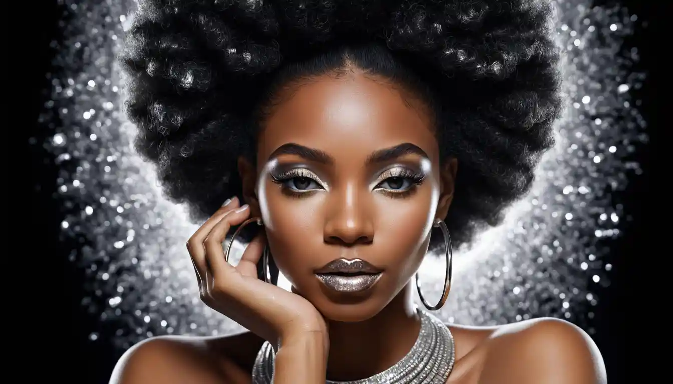 Glowing pop art portrait of a woman with silver glitter
