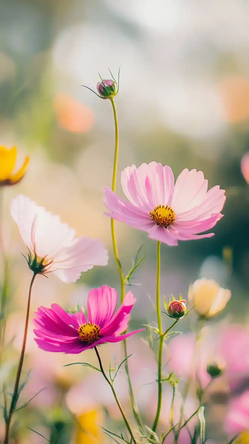 Close up pink cosmos flowers in a dreamy meadow scene