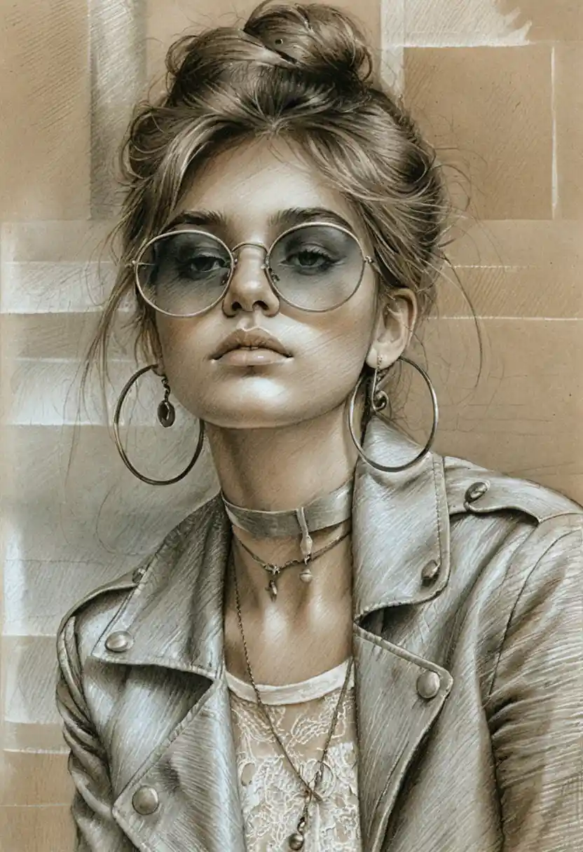 Pencil portrait of a young woman in round sunglasses