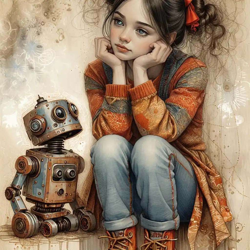 Girl sitting with vintage robot in tender eye contact