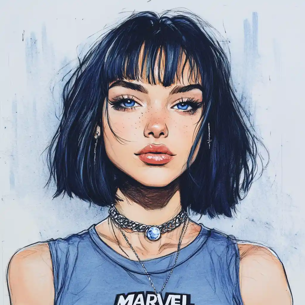 Color pencil portrait of a silver haired girl in choker