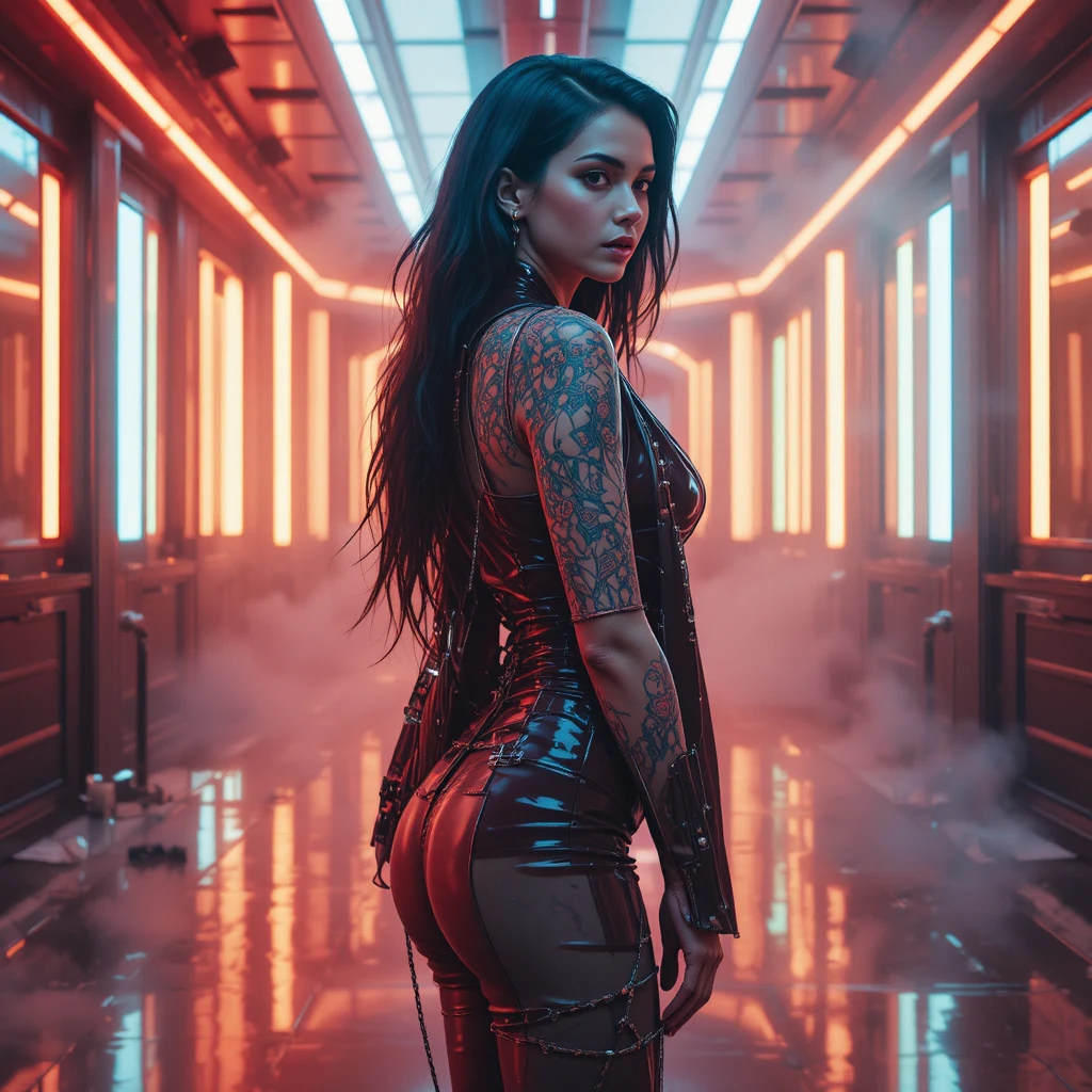 Cyberpunk fashion portrait of a seductive neon lit woman