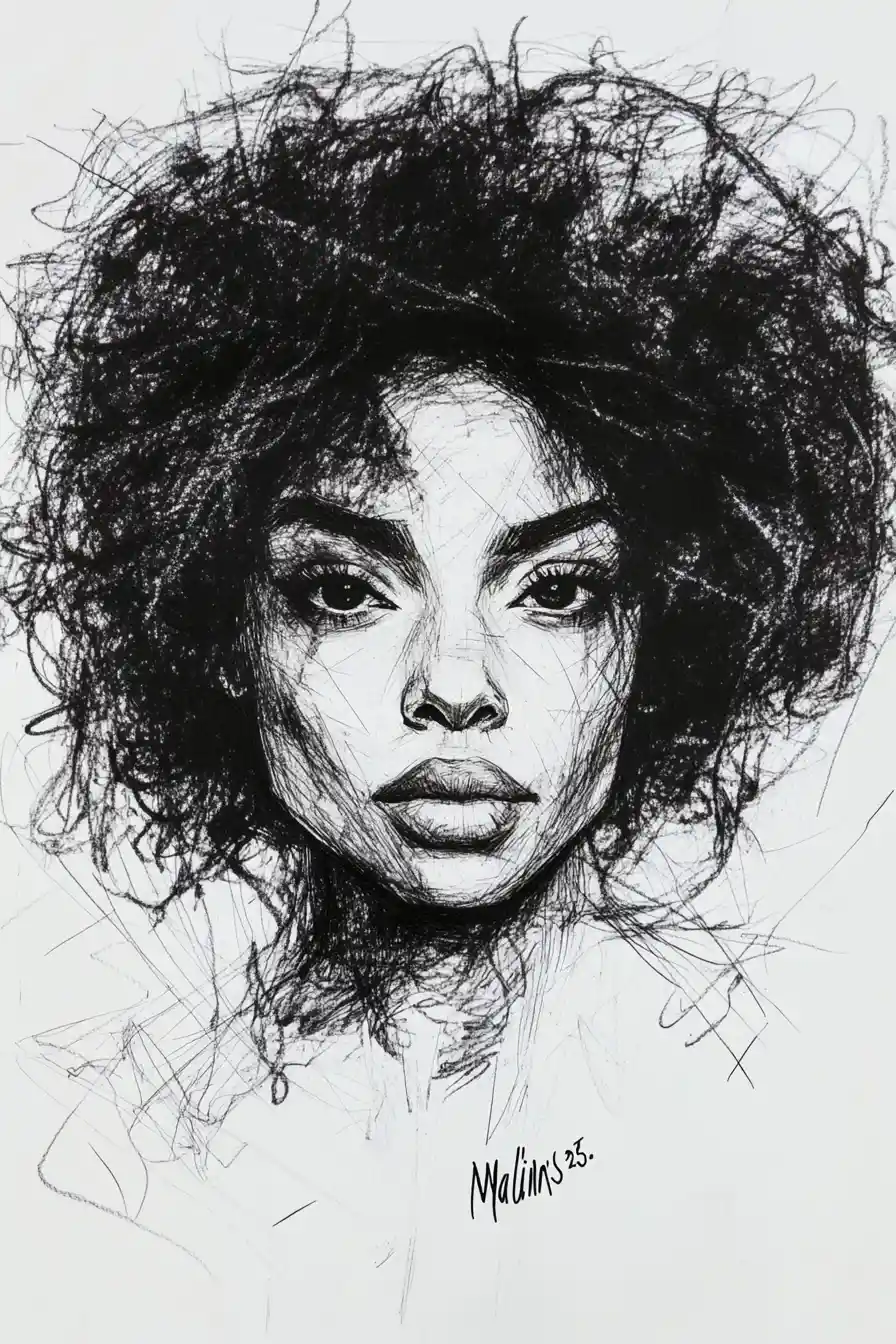 Textured graphite portrait of a black woman with afro bun