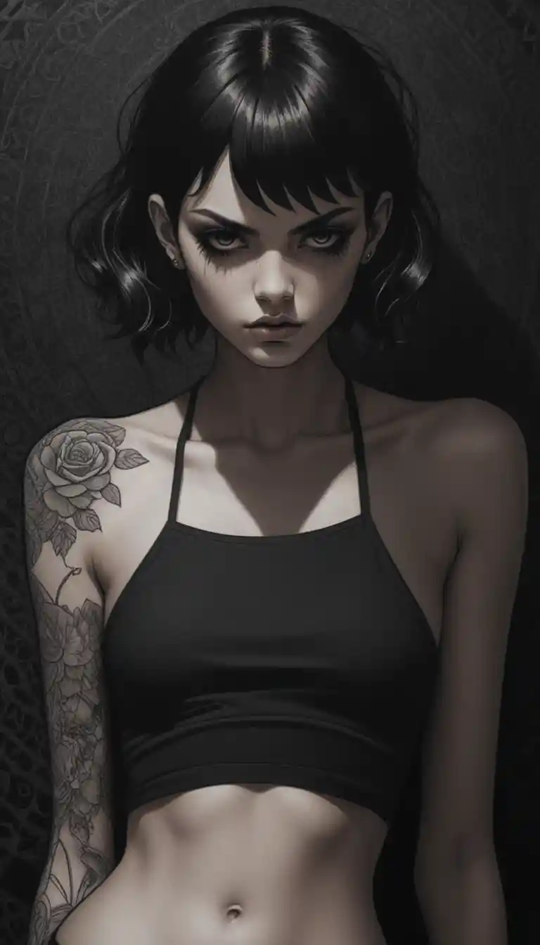 Gothic tattooed woman in dramatic manga style portrait