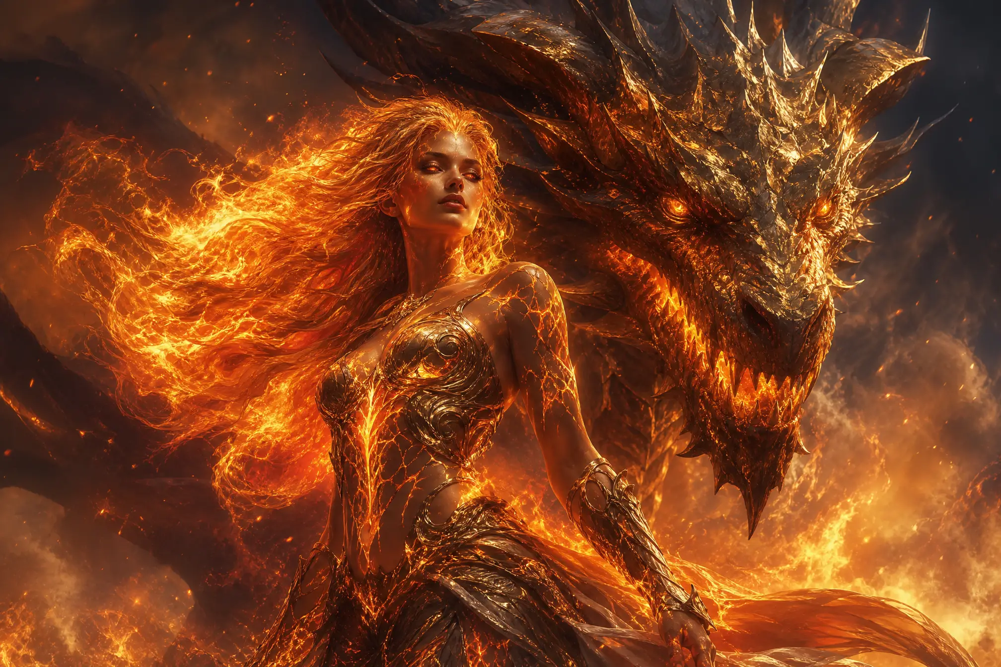 Heroic woman facing a raging inferno dragon in firelight
