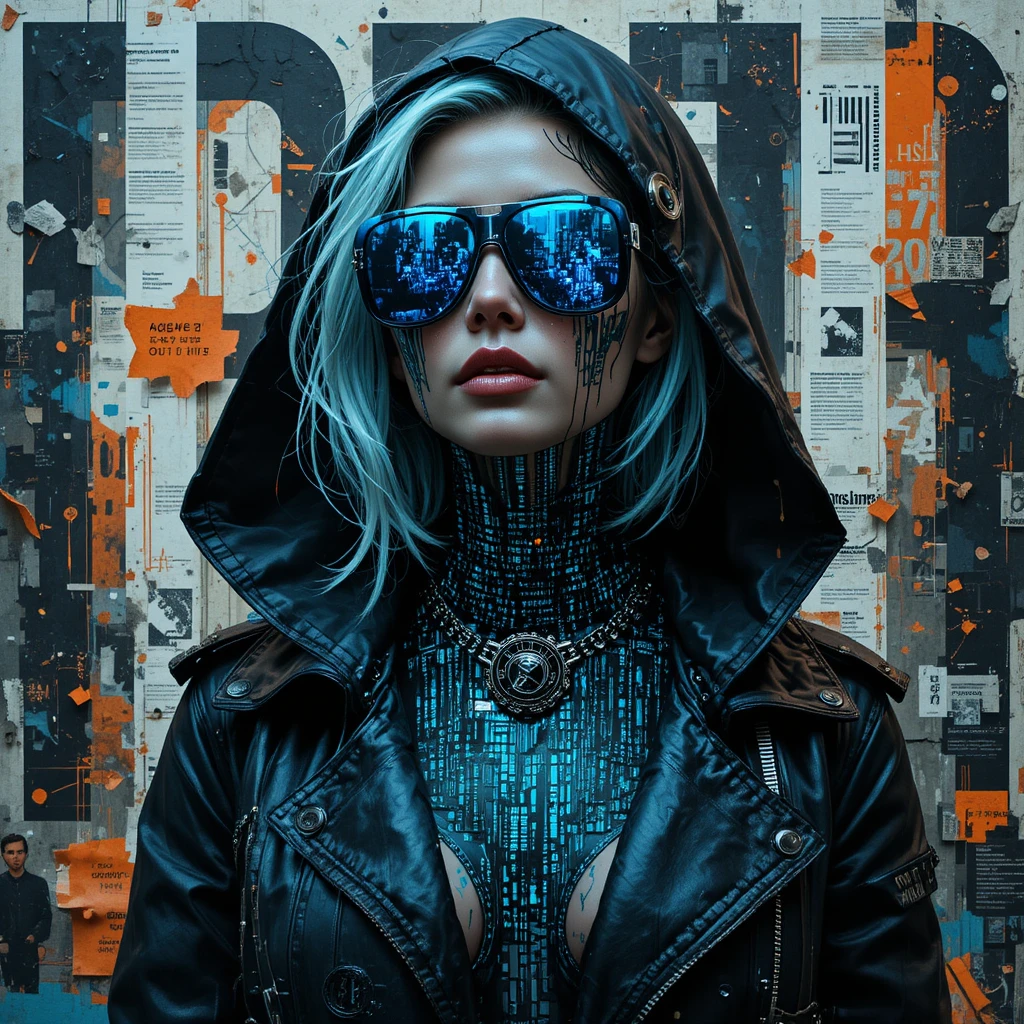 Cyberpunk femme fatale in glitch fashion close up portrait