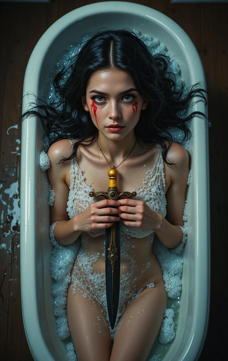 Jeune femme avec un poignard allongée dans une baignoire moussante