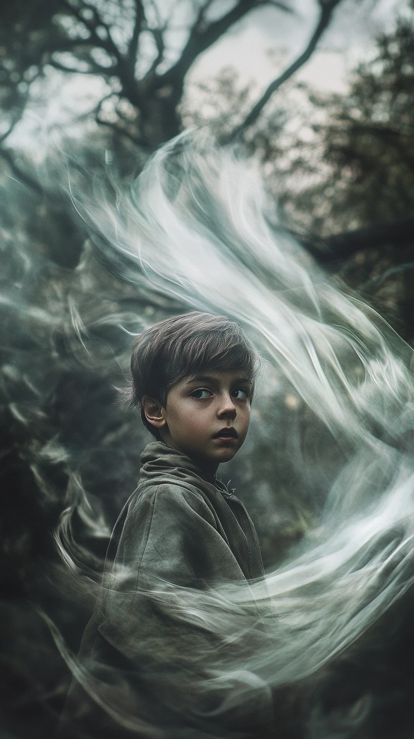 Young boy facing sorceress in a dark enchanted forest
