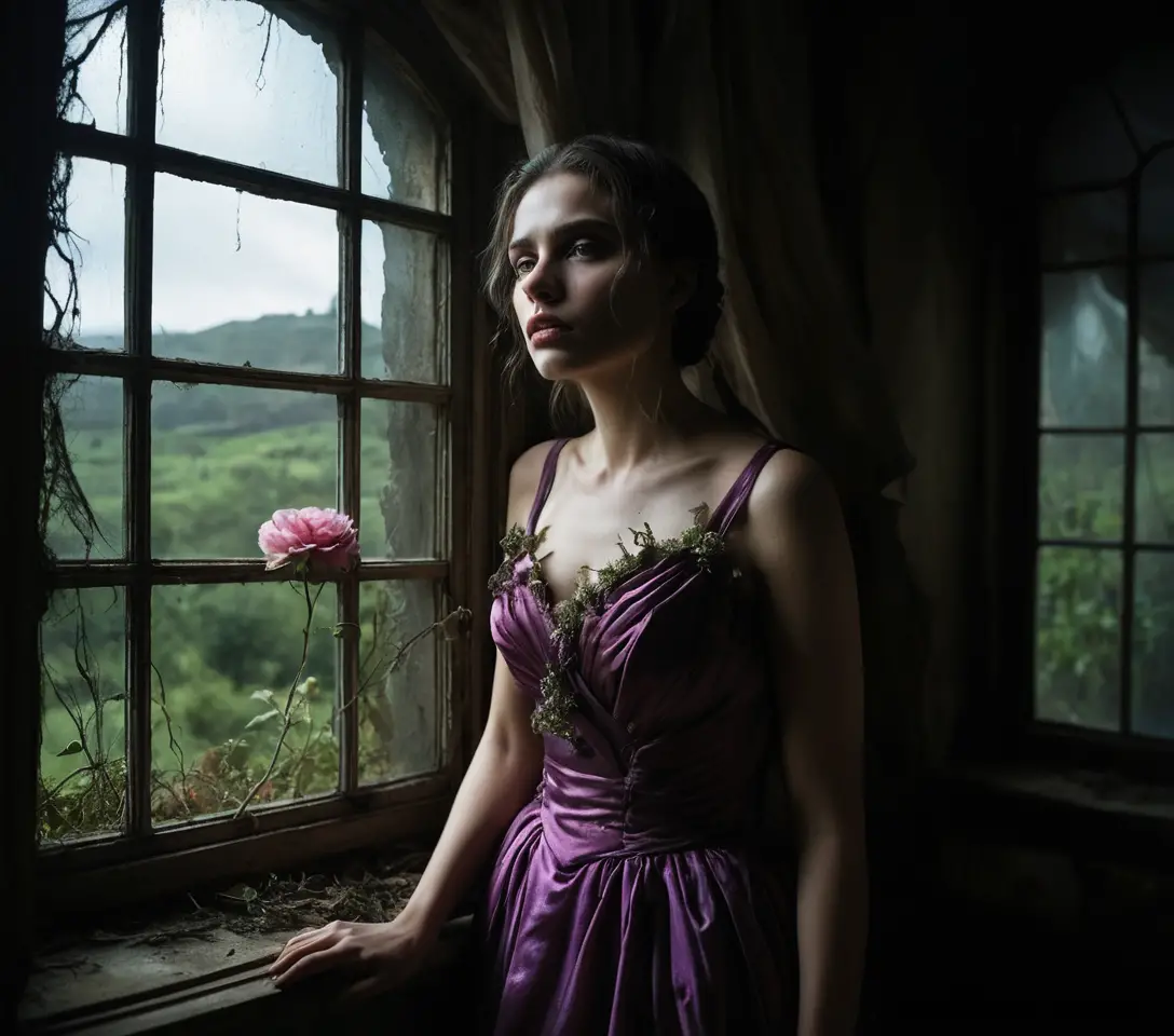 Melancholic woman at window in surreal neon dreamscape
