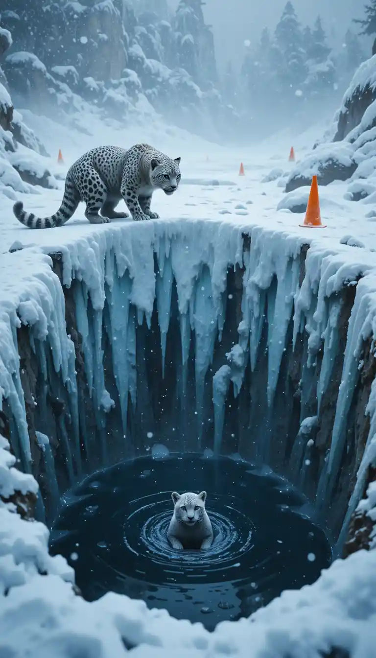 Snow leopard mother leaning over pit toward trapped cub
