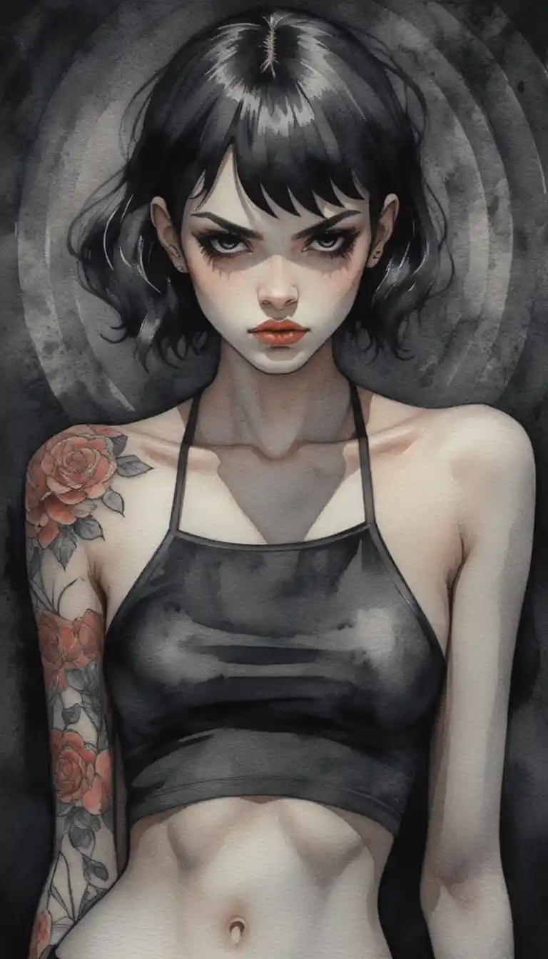 Gothic anime woman with tattoos in dramatic monochrome portrait