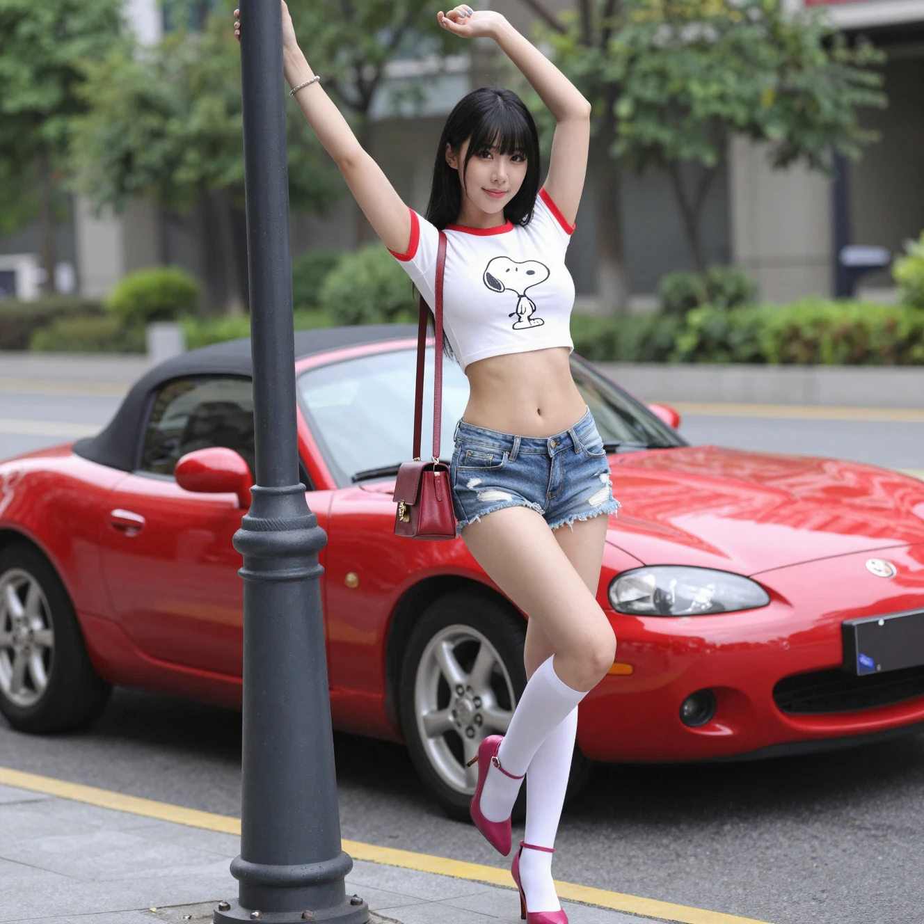 Stylish woman posing by lamp post on city street