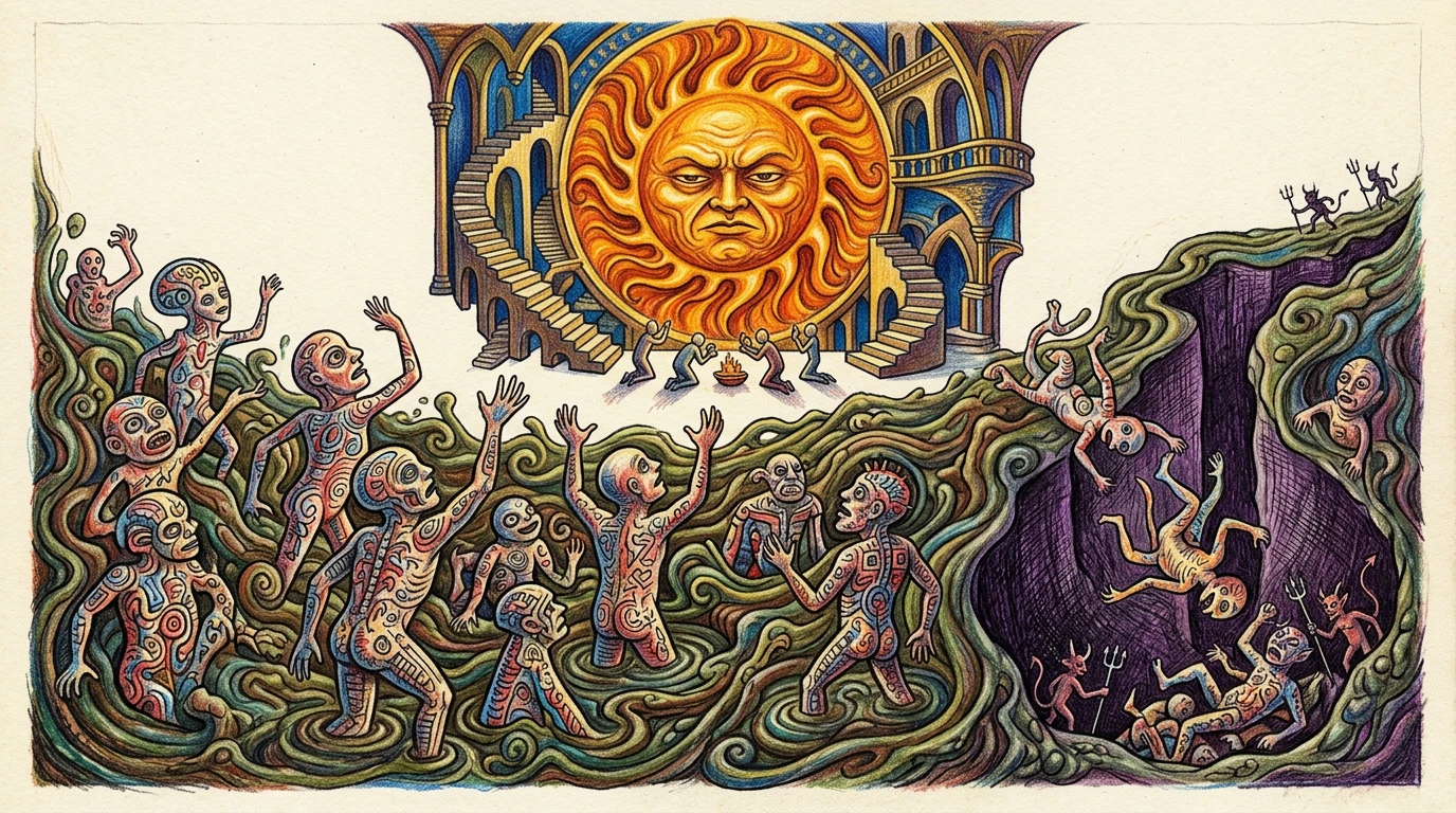 Strange patterned humanoids rising from primordial ooze
