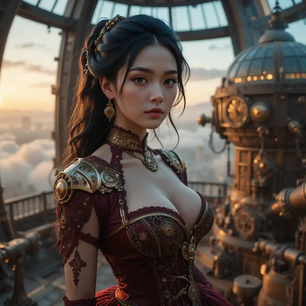 Cinematic steampunk portrait of a regal Korean woman