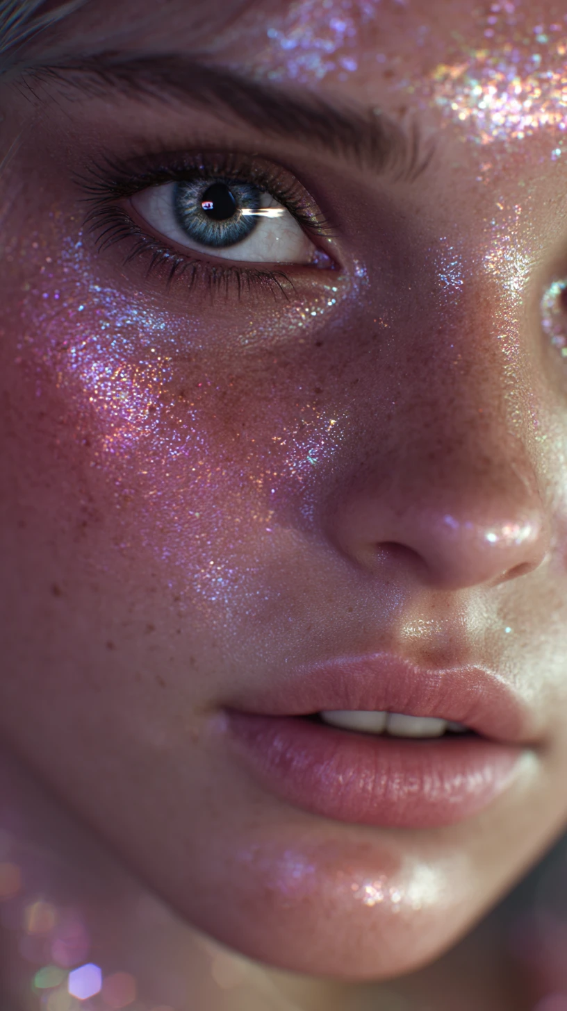 Close up holographic fantasy woman with luminous glossy body