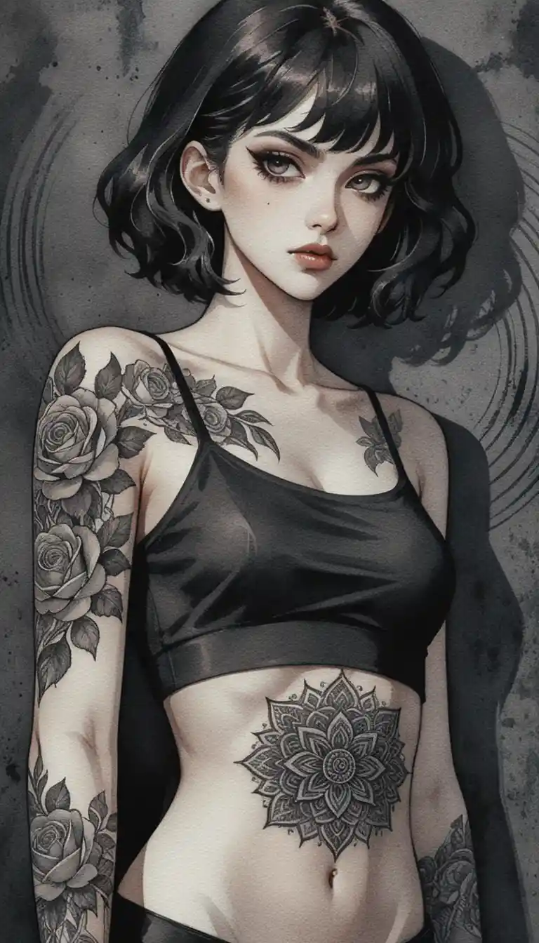 Gothic anime woman portrait with tattoos in dramatic lighting