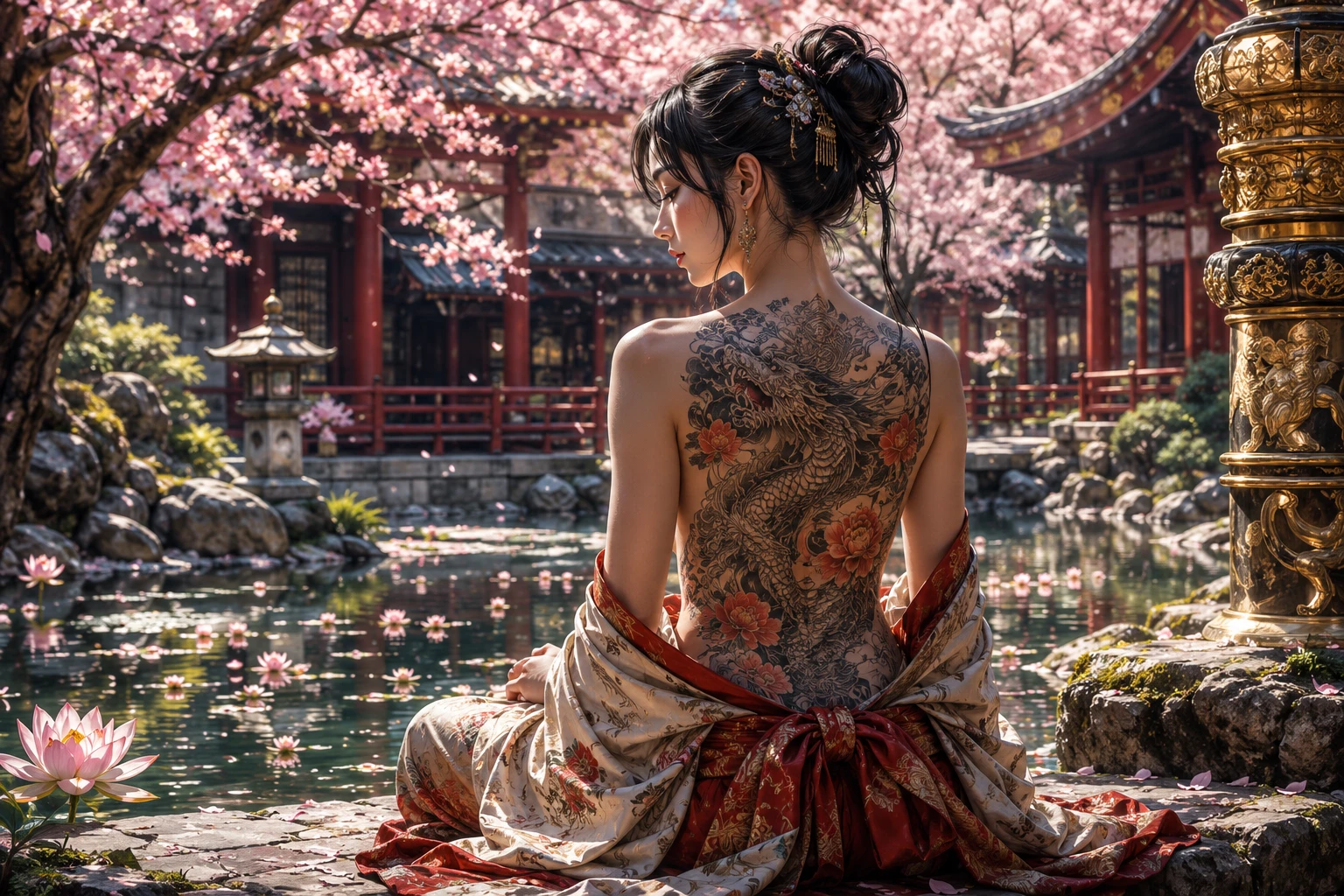 Woman Meditating In A Sunlit Temple Courtyard