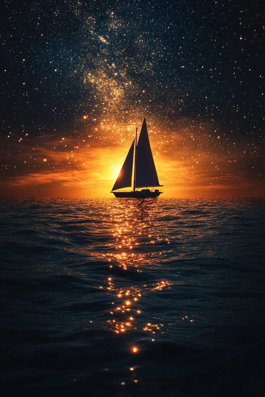 Sailboat Crossing From Night Sky Toward Rising Sun