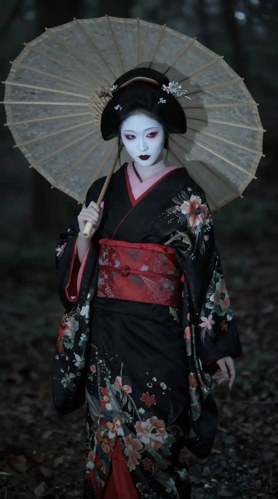 Geisha inspired woman in a misty dark forest