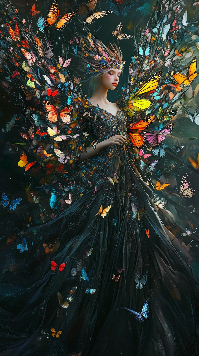 Mystical fantasy queen with wings of living butterflies