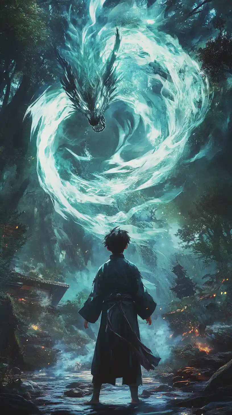 Anime boy facing sorceress in dark magical forest