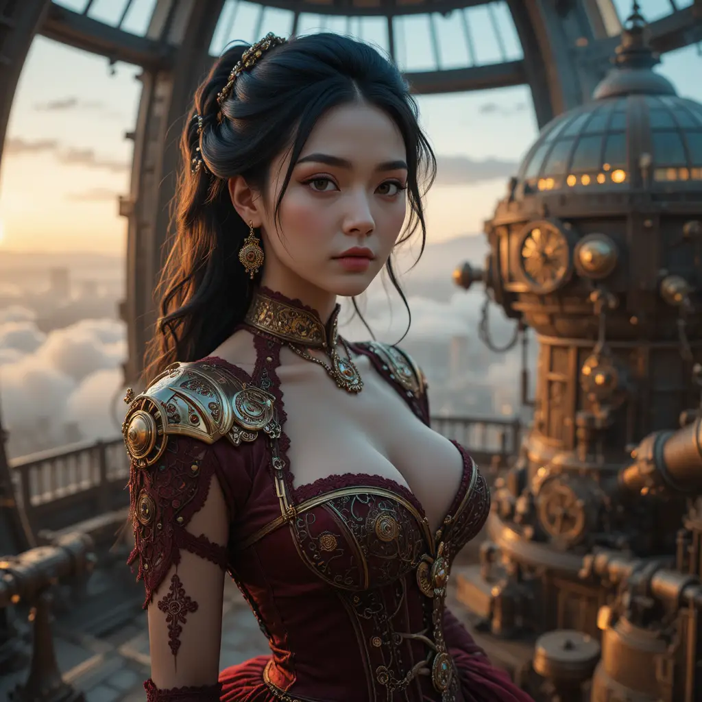 Cinematic steampunk portrait of a regal Korean woman