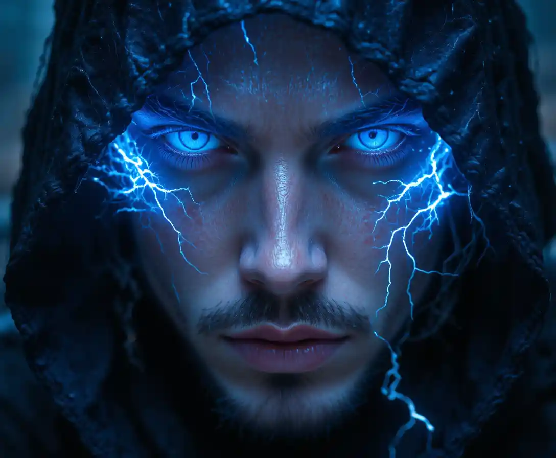 Hooded man with blue electric eyes in dark close up