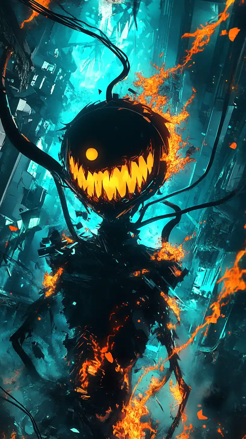 Smiling fire monster surrounded by burning blue ruins