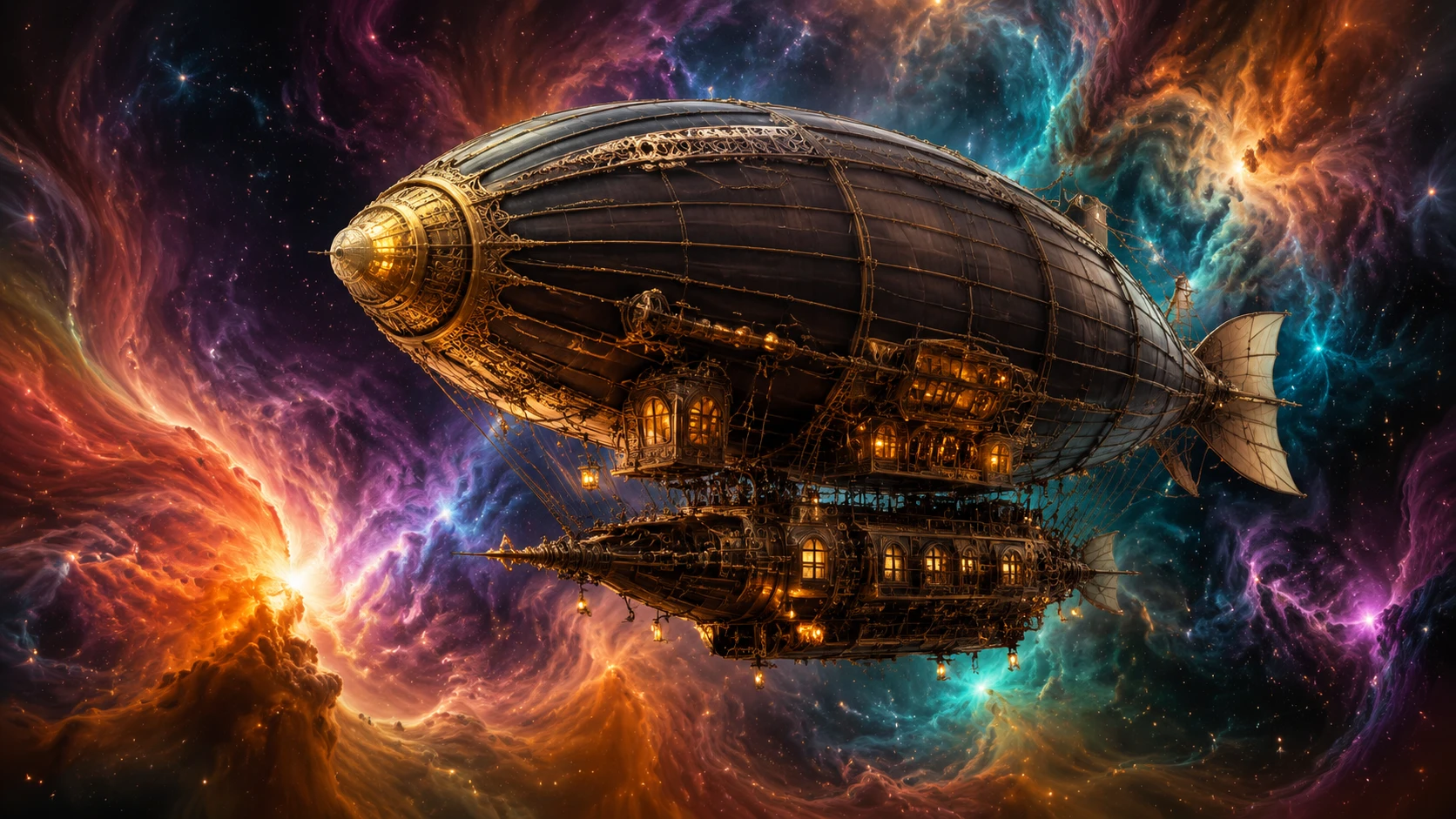 Steampunk airship sailing through a swirling cosmic nebula