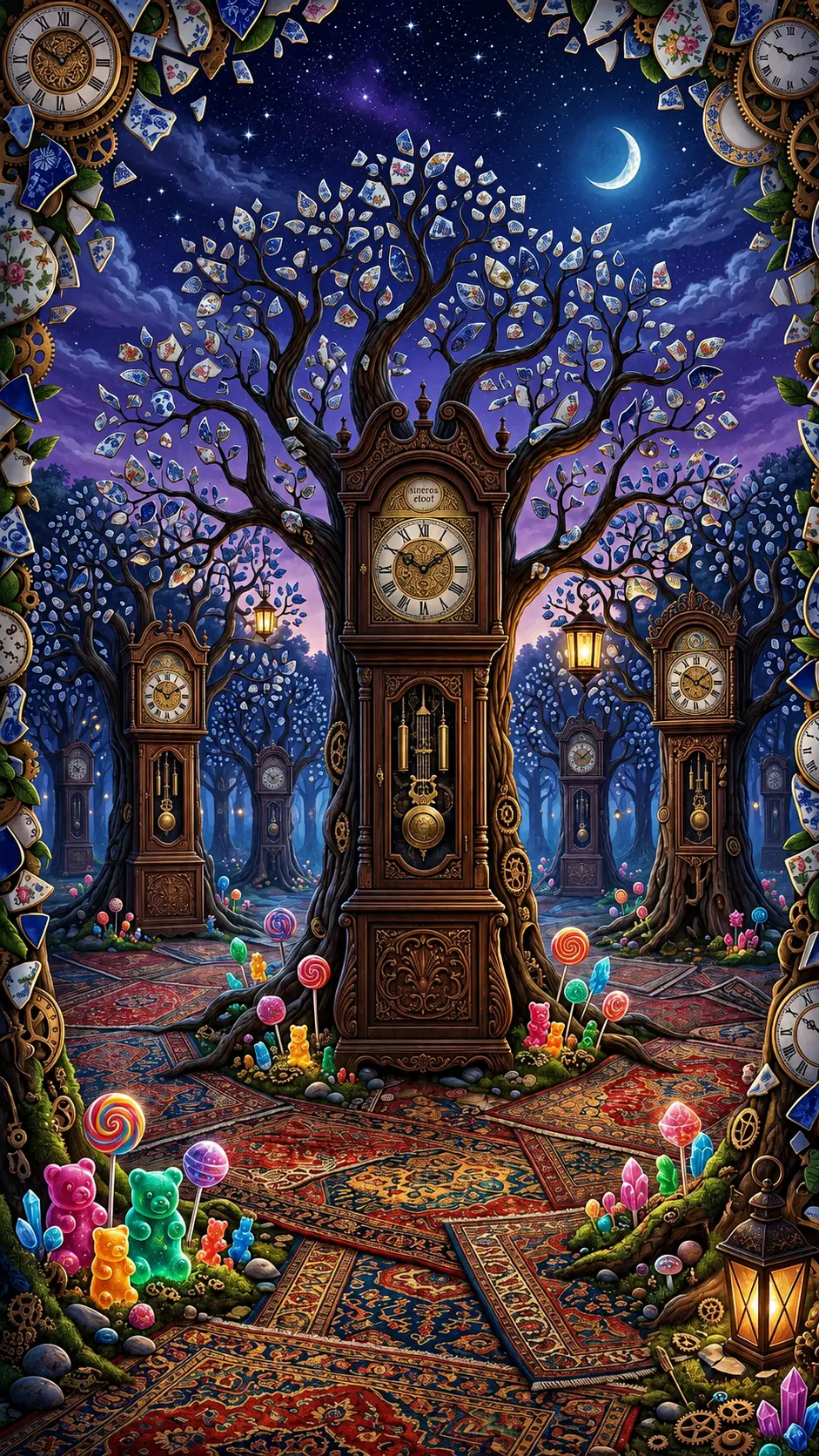 Whimsical forest clearing of clockwork trees and porcelain leaves
