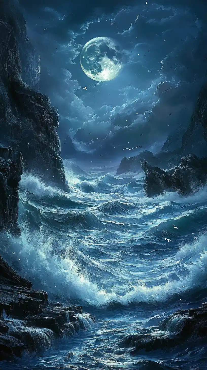 Dramatic moonlit ocean waves against towering rocky cliffs