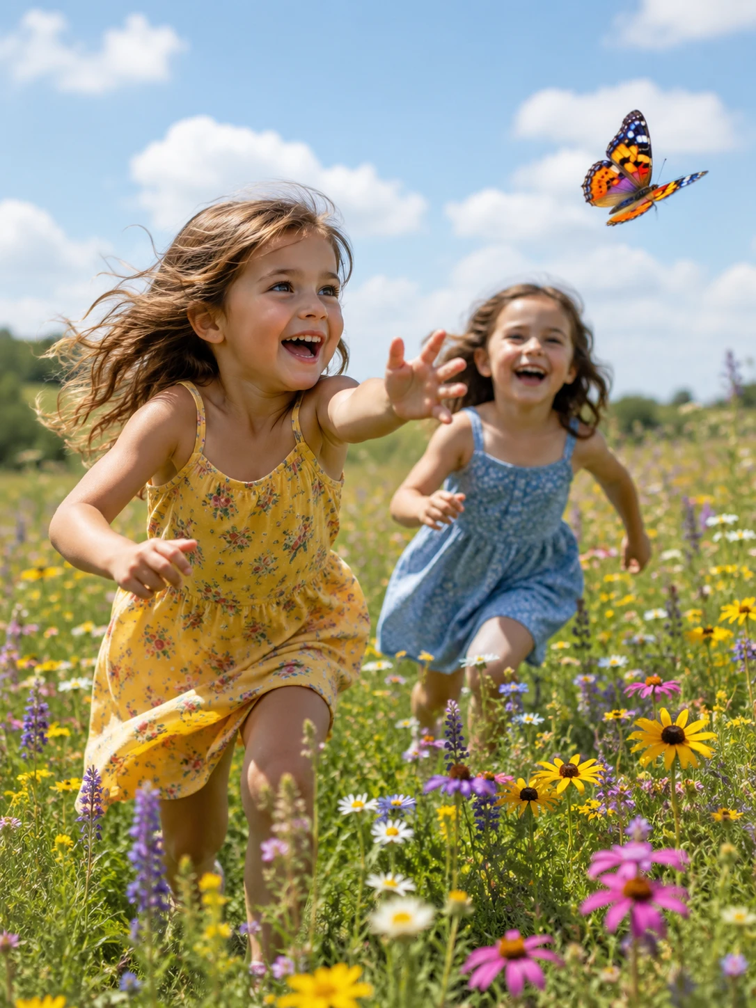 Dos chicas corriendo por un campo de flores silvestres