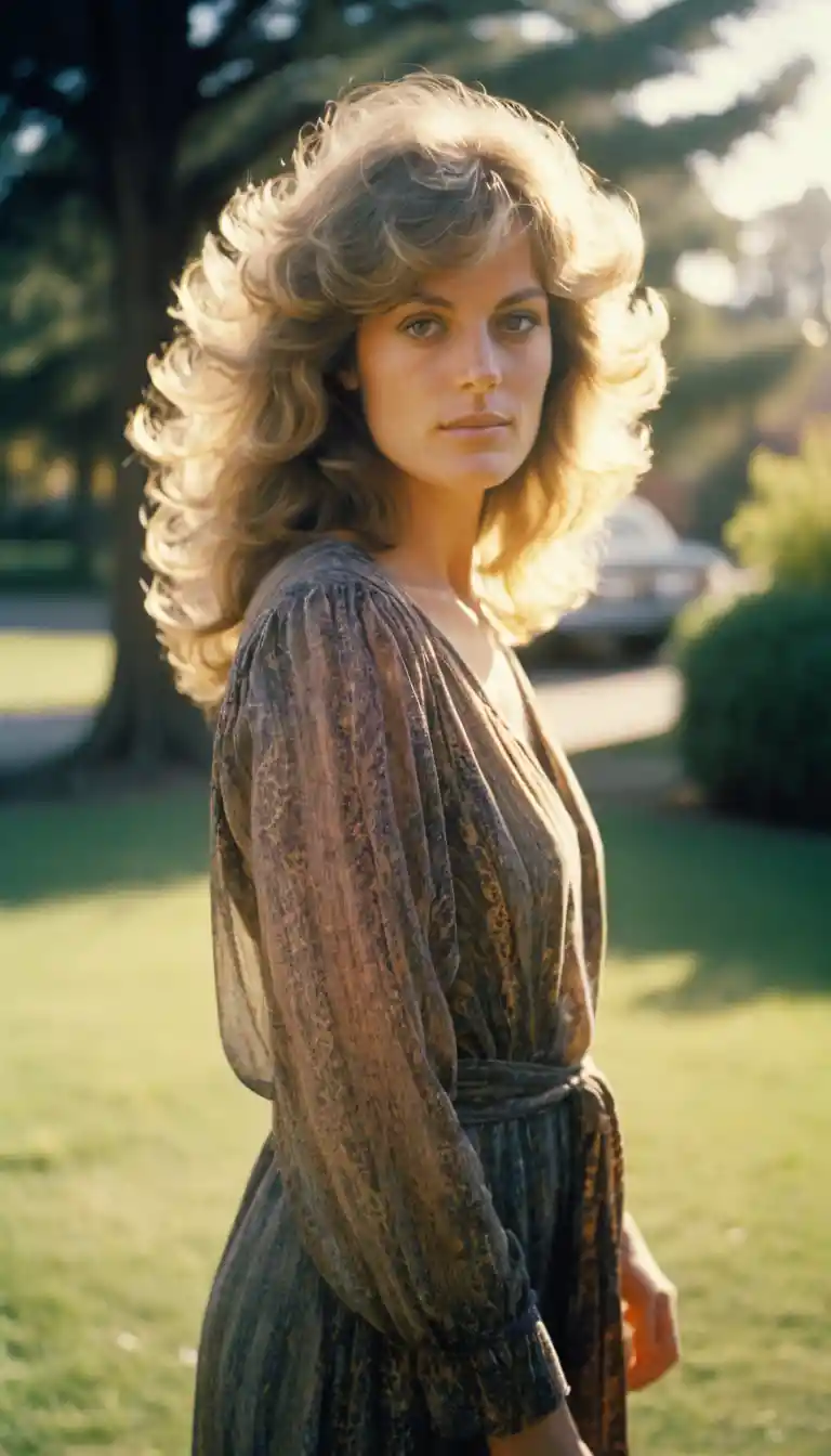 1970s film portrait of a woman with feathered hair