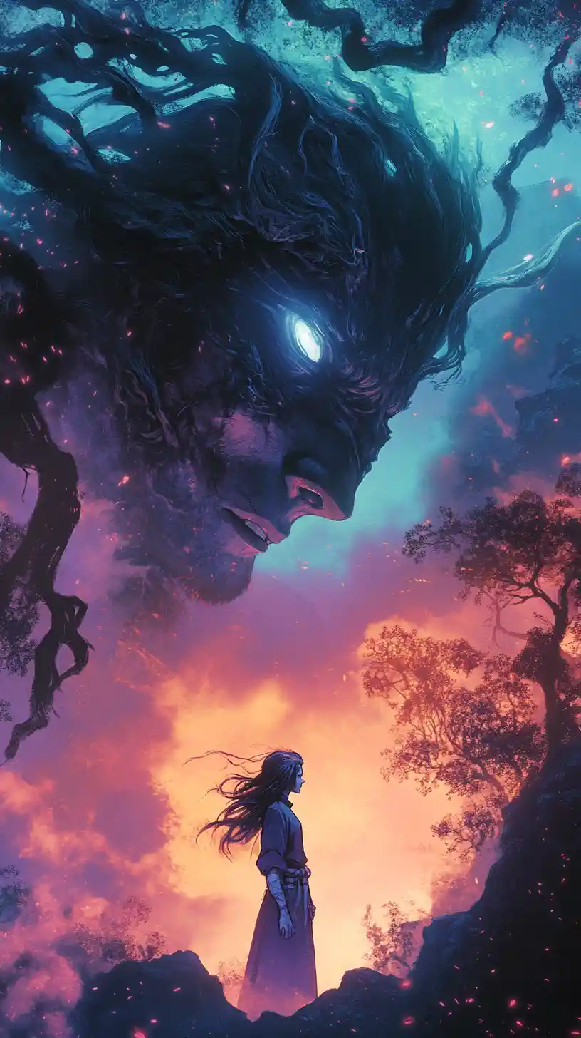 Young girl facing sorceress in a dark mystical forest