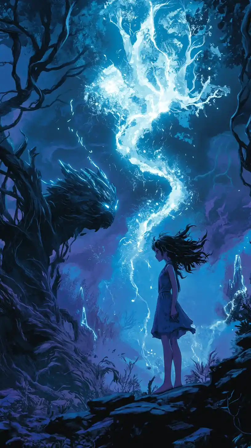Young sorceress facing a powerful jujutsu attack