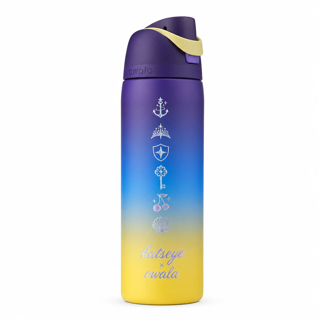 Custom Owala water bottle with minimalist silver icon design