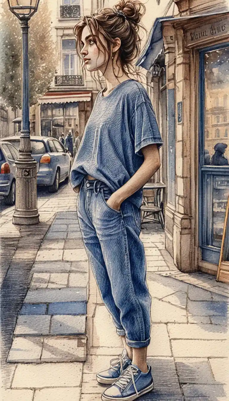 Young woman in loose streetwear on a European sidewalk