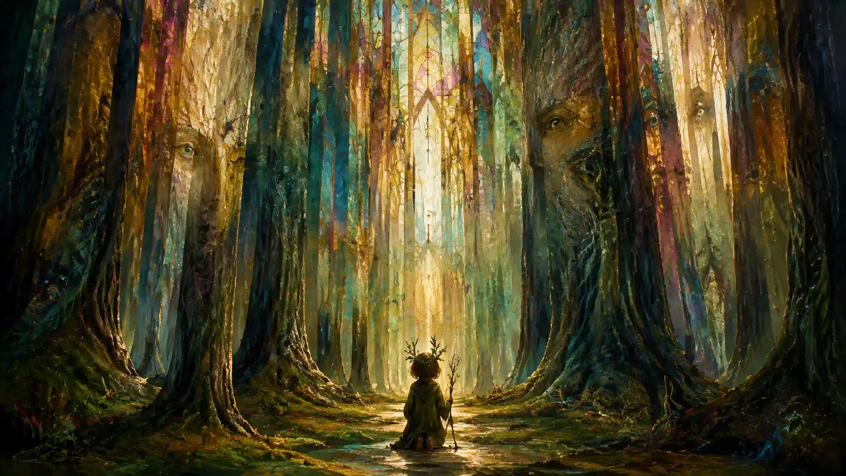 Tiny forest guardian beneath towering abstract cathedral trees