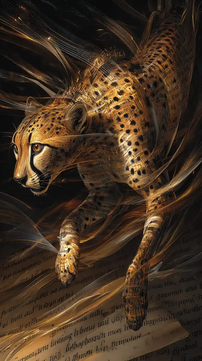 Surreal cheetah in motion dissolving into glowing script
