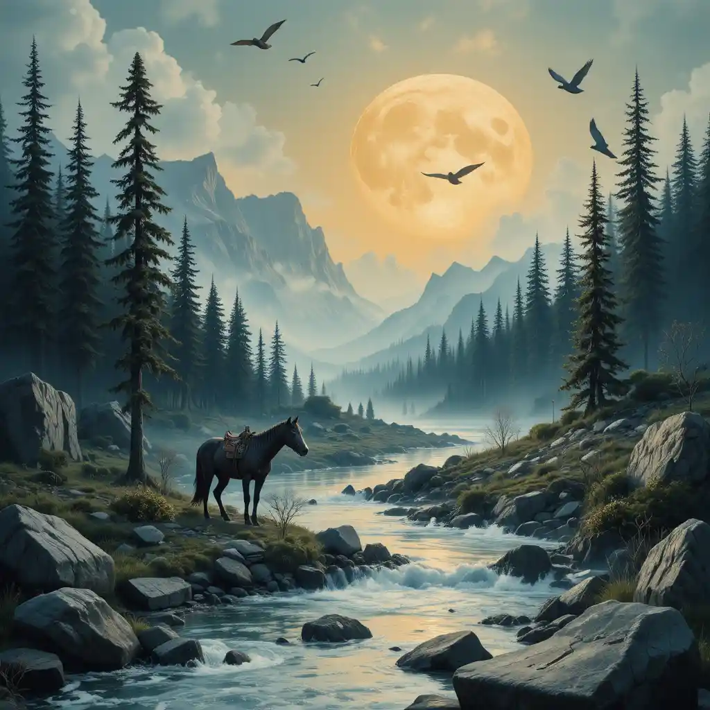 Wolf resting by a silver river in quiet nature