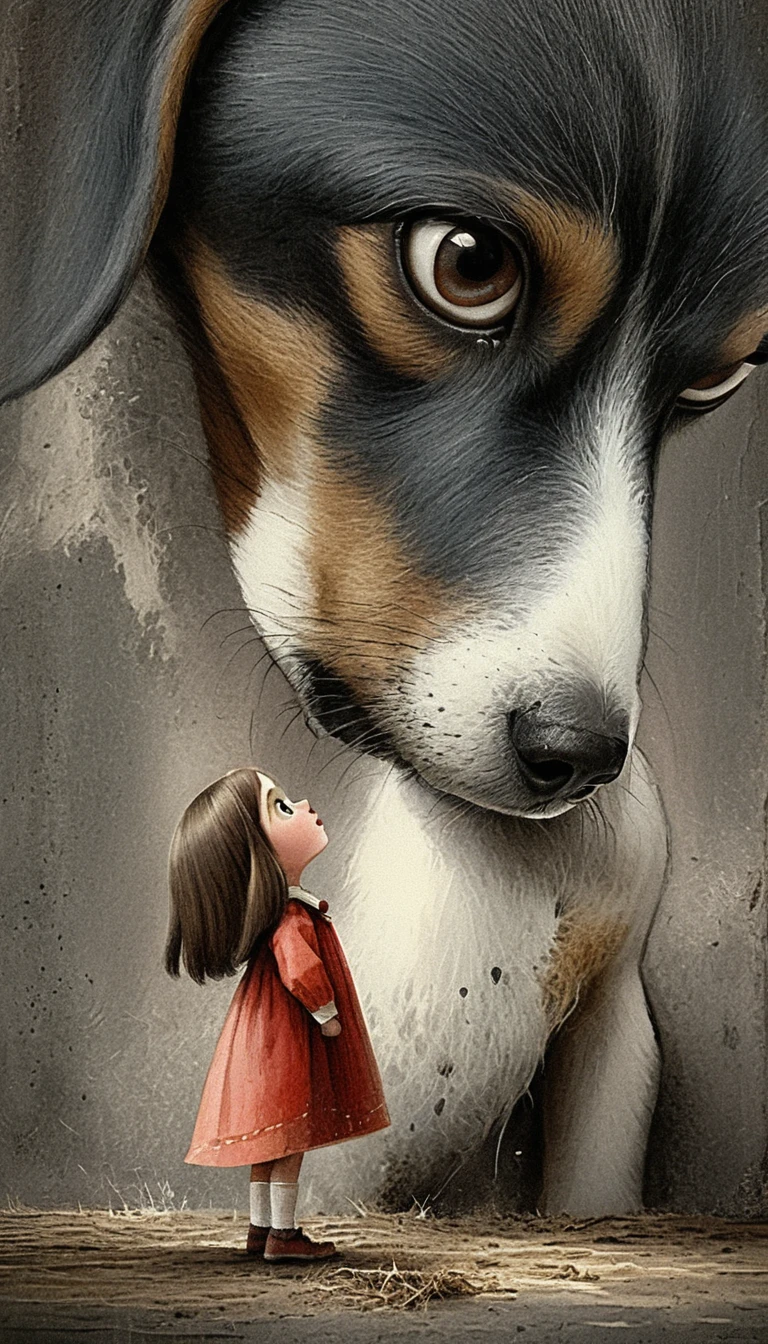 Giant beagle facing a tiny curious girl in illustration