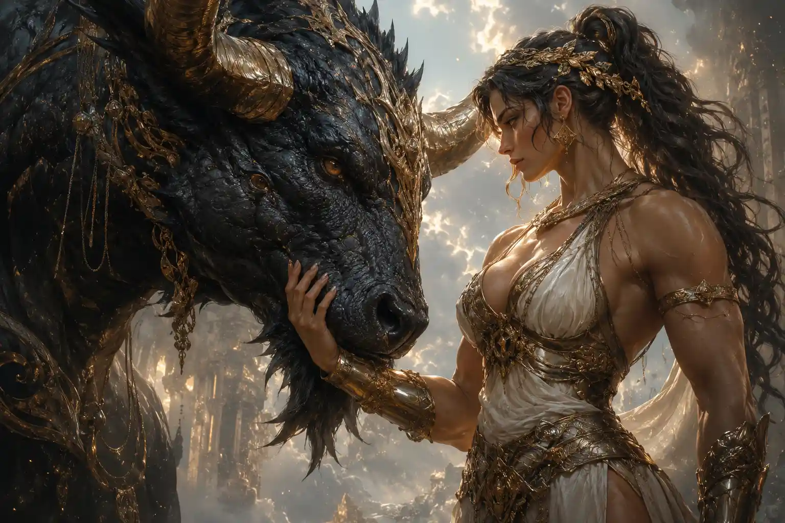 Muscular Heroic Woman With Obsidian Beast In Fantasy Scene