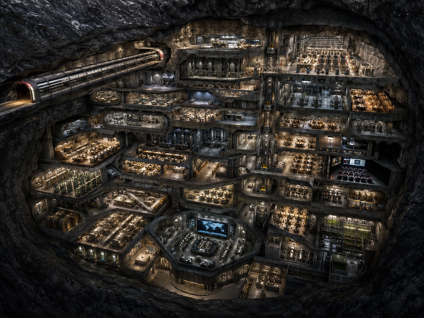 Vast multi level underground military bunker cross section