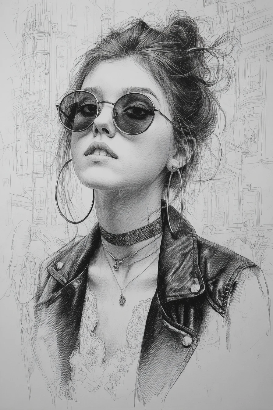Pencil portrait of a girl in round sunglasses and hoops